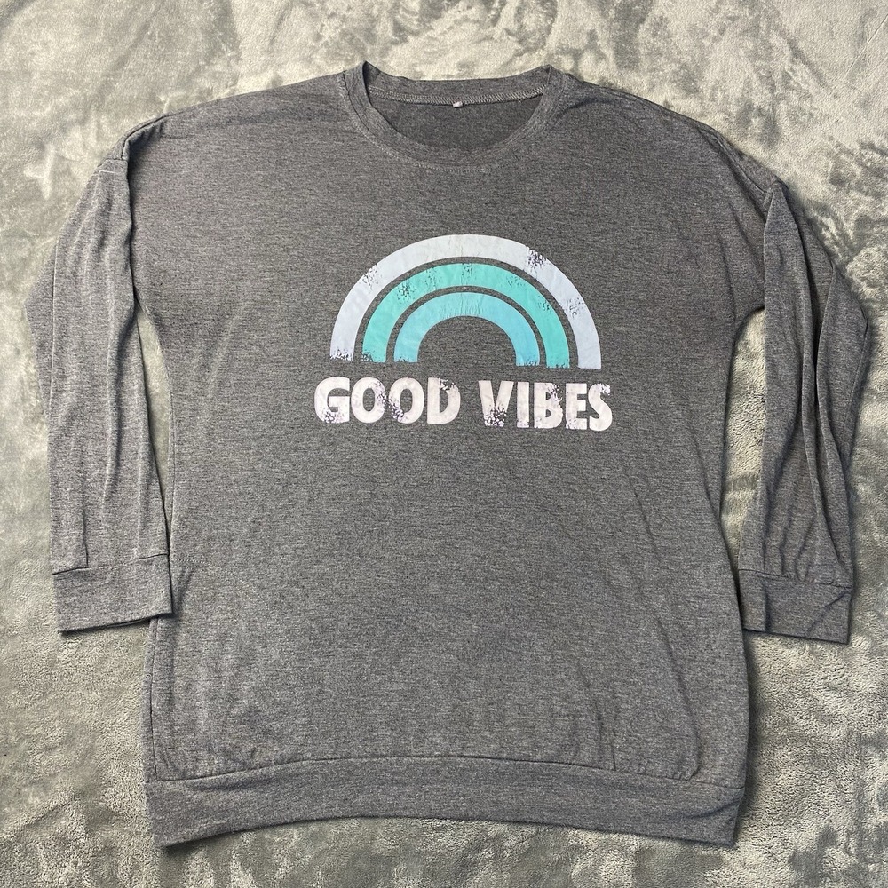 Good Vibes Shirt Womens S Heather Gray Long Sleeve French Terry Pocket Tshirt